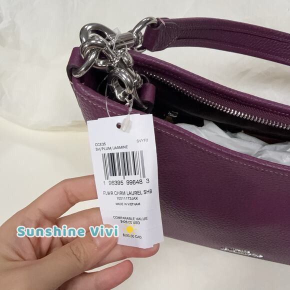 NWT Coach Laurel Shoulder Bag With Flower Charm In Leather CCE35 Plum/Jasmine - Picture 2 of 9